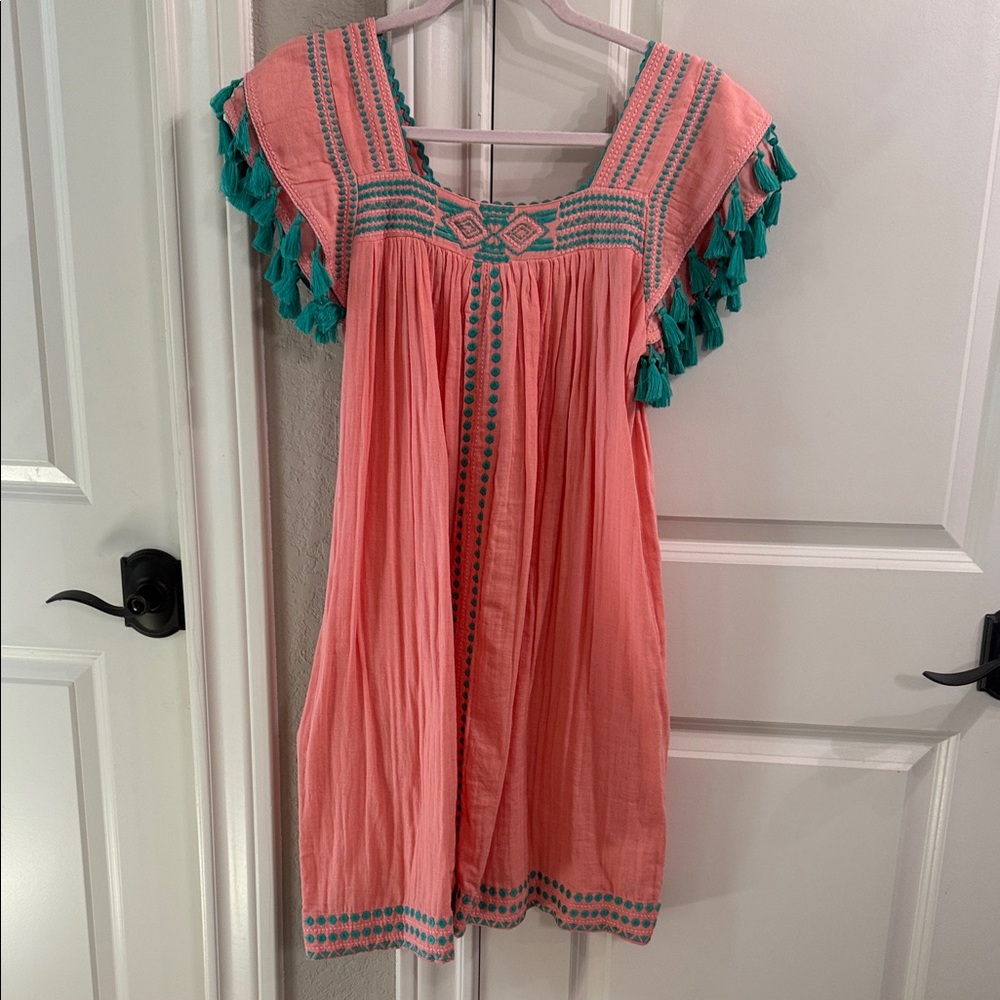 NWT Mer St Barth Women's Coral Midi Dress with Teal Tassel Trim